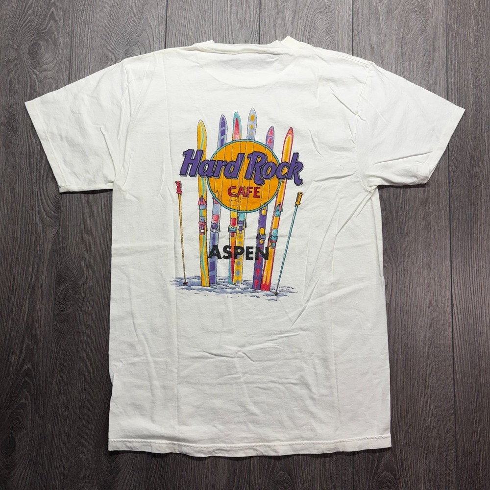 Vintage 90s Hard Rock Cafe Aspen White Ski T-Shirt Mens Large USA